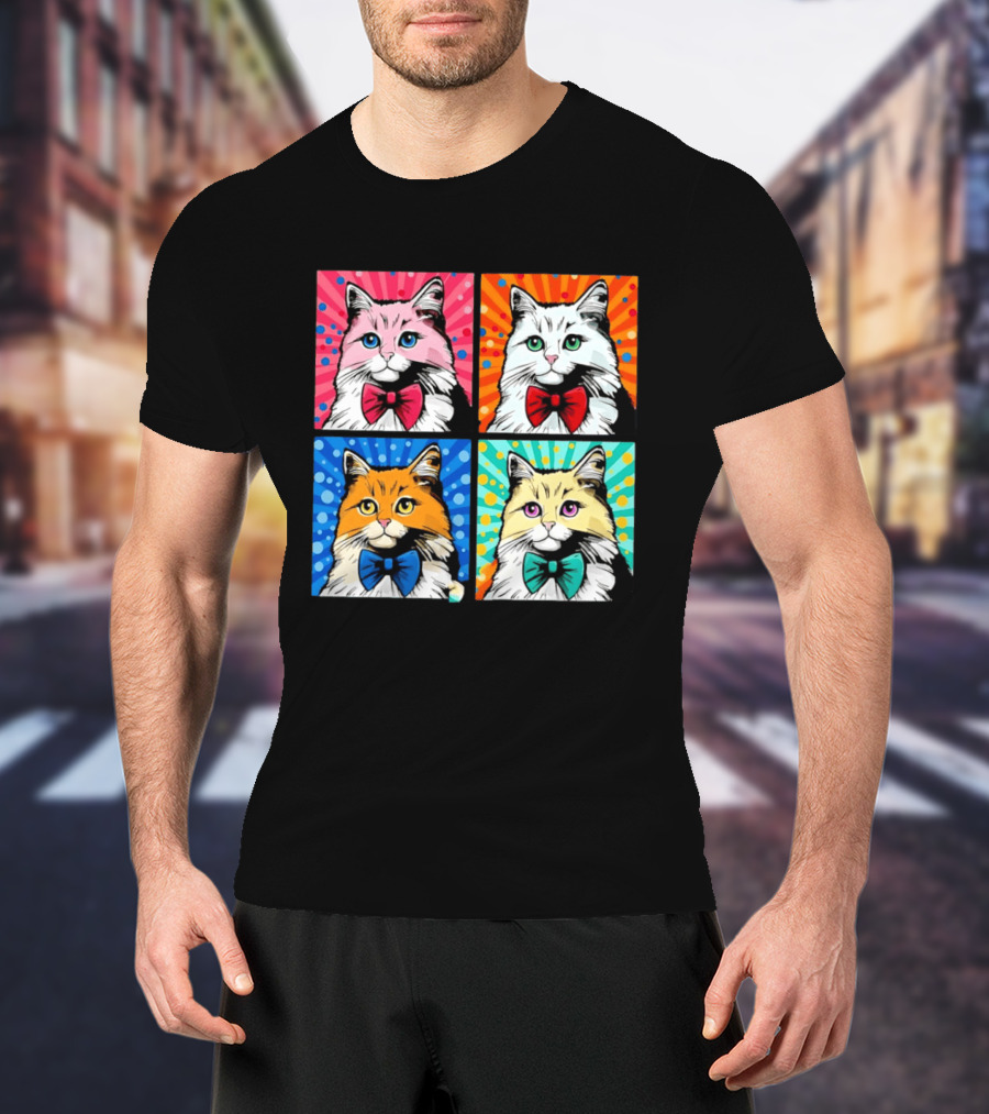Pop Art Pop Four Panel Colorful Cats Wearing Bowties Kilkennycat T-Shirt