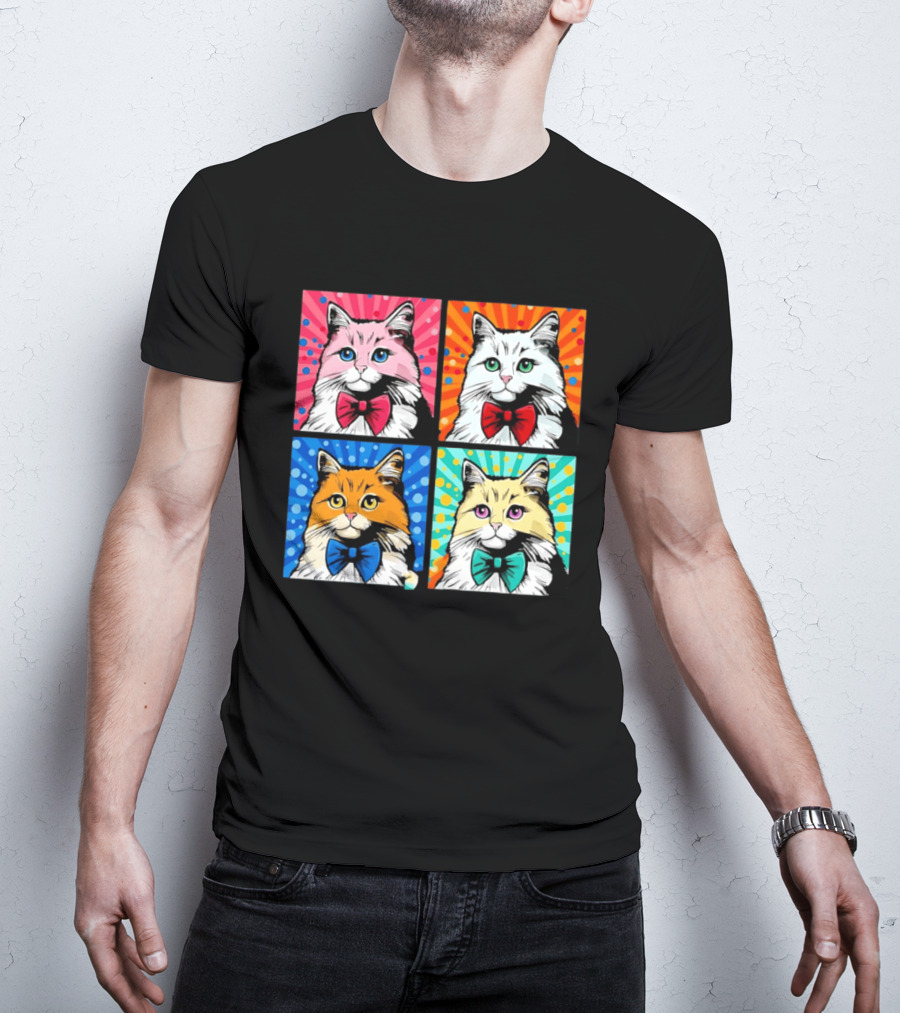 Pop Art Pop Four Panel Colorful Cats Wearing Bowties Kilkennycat T-Shirt