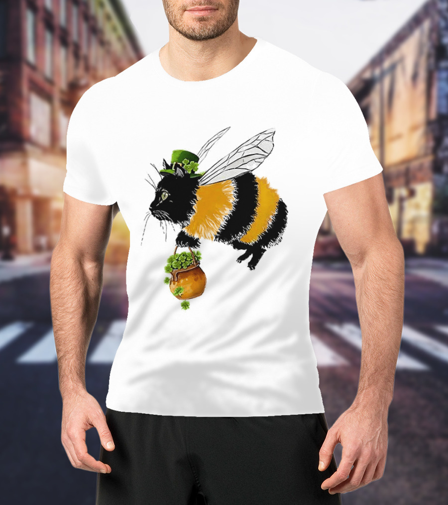 Catbee Lucky Buzz Cat With Clover And Leprechaun Hat T-Shirt
