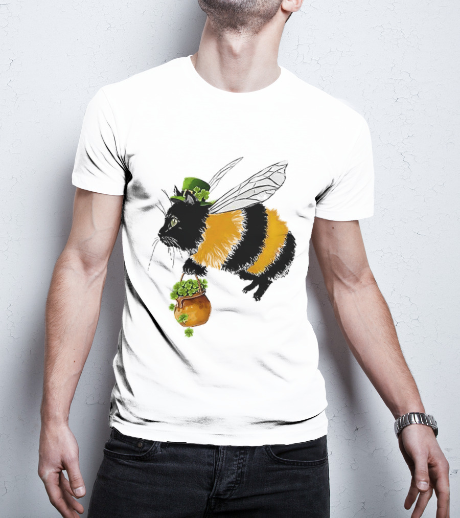 Catbee Lucky Buzz Cat With Clover And Leprechaun Hat T-Shirt