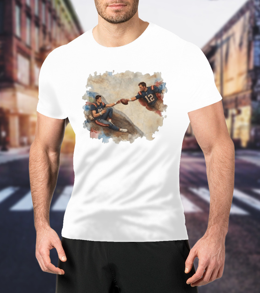 New England Football Brady Number 12 And Maye Number 10 Handing Football Painting T-Shirt