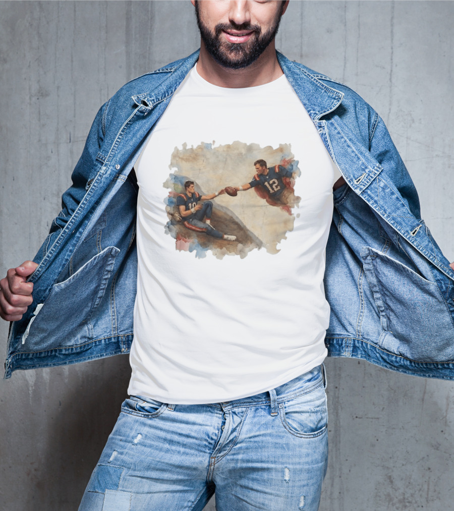 New England Football Brady Number 12 And Maye Number 10 Handing Football Painting T-Shirt