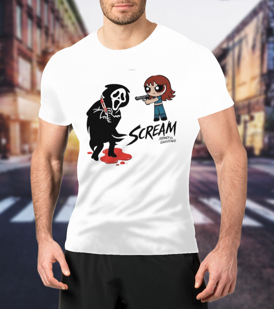 Scream Sidney Vs. Ghostface Cartoon Style Showdown With Knife And Splatter T-Shirt