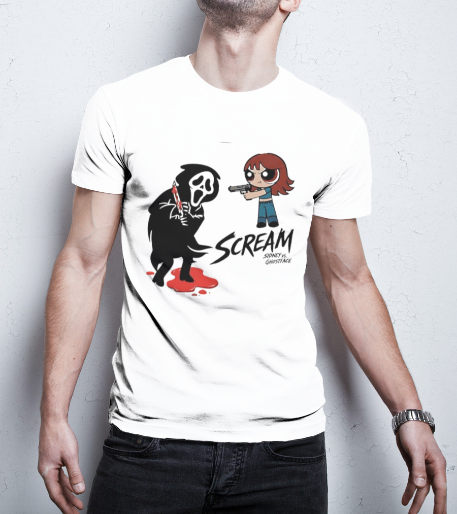 Scream Sidney Vs. Ghostface Cartoon Style Showdown With Knife And Splatter T-Shirt