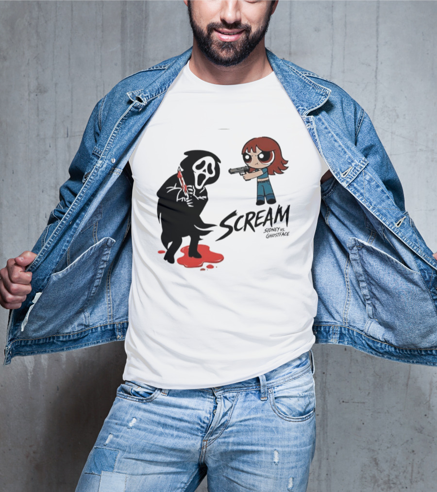Scream Sidney Vs. Ghostface Cartoon Style Showdown With Knife And Splatter T-Shirt
