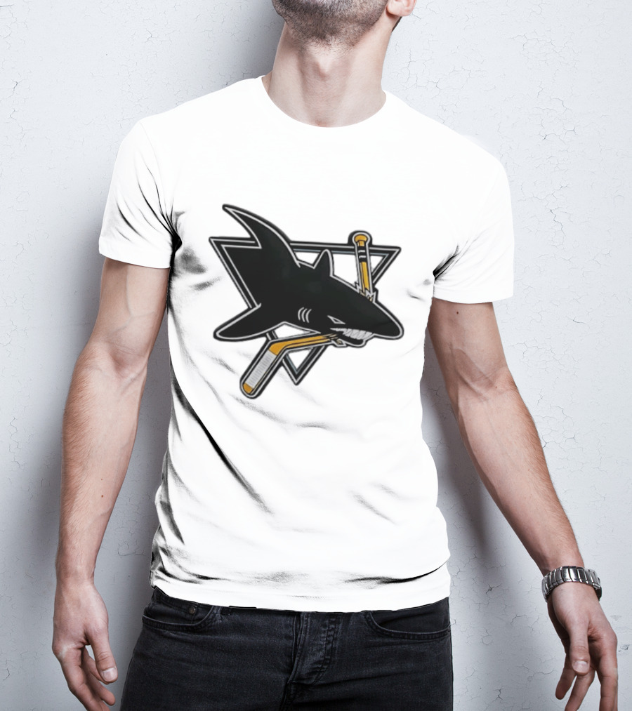 San Jose Sharks Biting Hockey Stick Triangle Sports T-Shirt