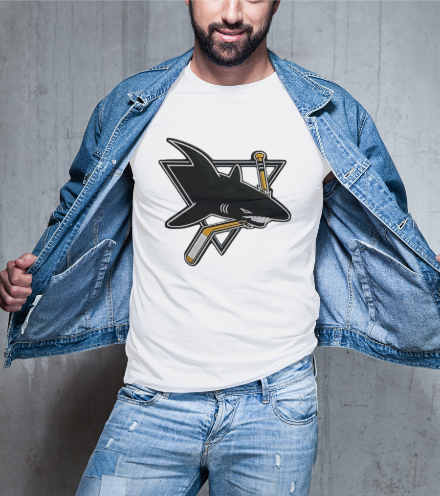 San Jose Sharks Biting Hockey Stick Triangle Sports T-Shirt