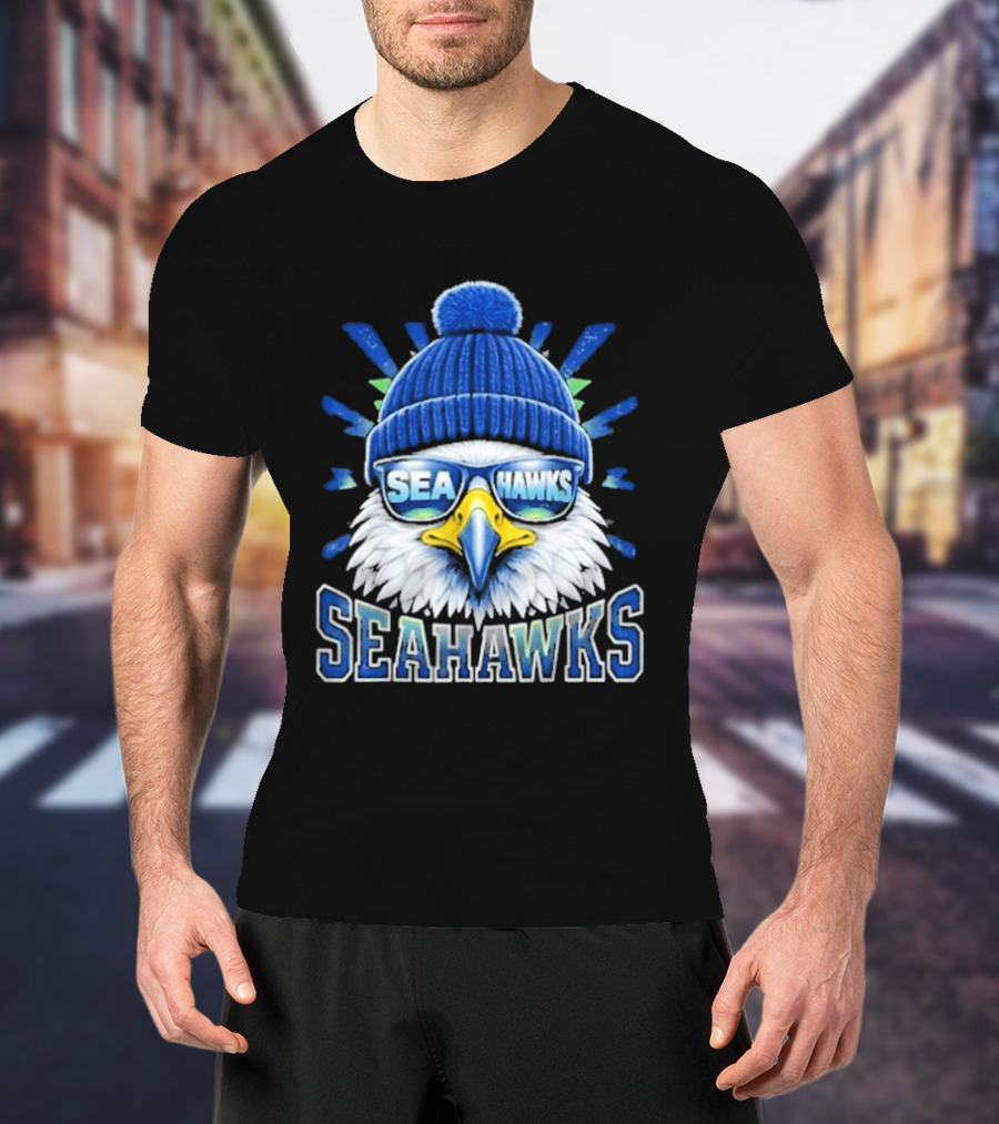Seahawks Eagle Face With Sunglasses And Winter Hat T-Shirt