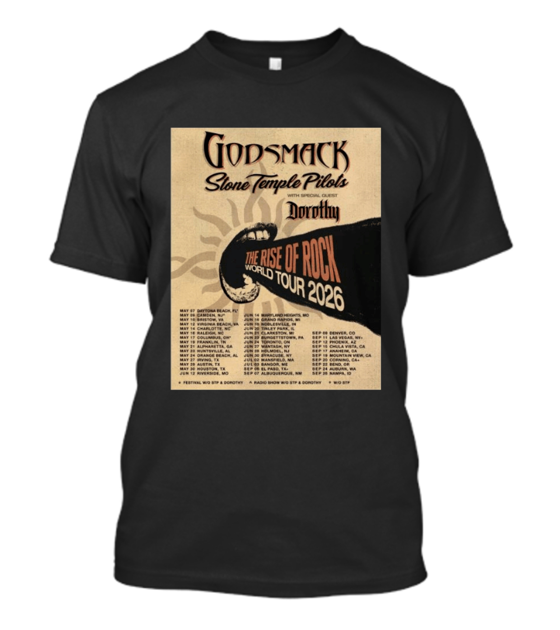 Godsmack Stone Temple Pilots Dorothy The Rise Of Rock World Tour 2026 Schedule T-Shirt