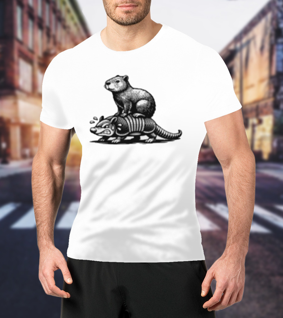 Capybara Riding Armadillo Black And White Illustration Adventure T-Shirt