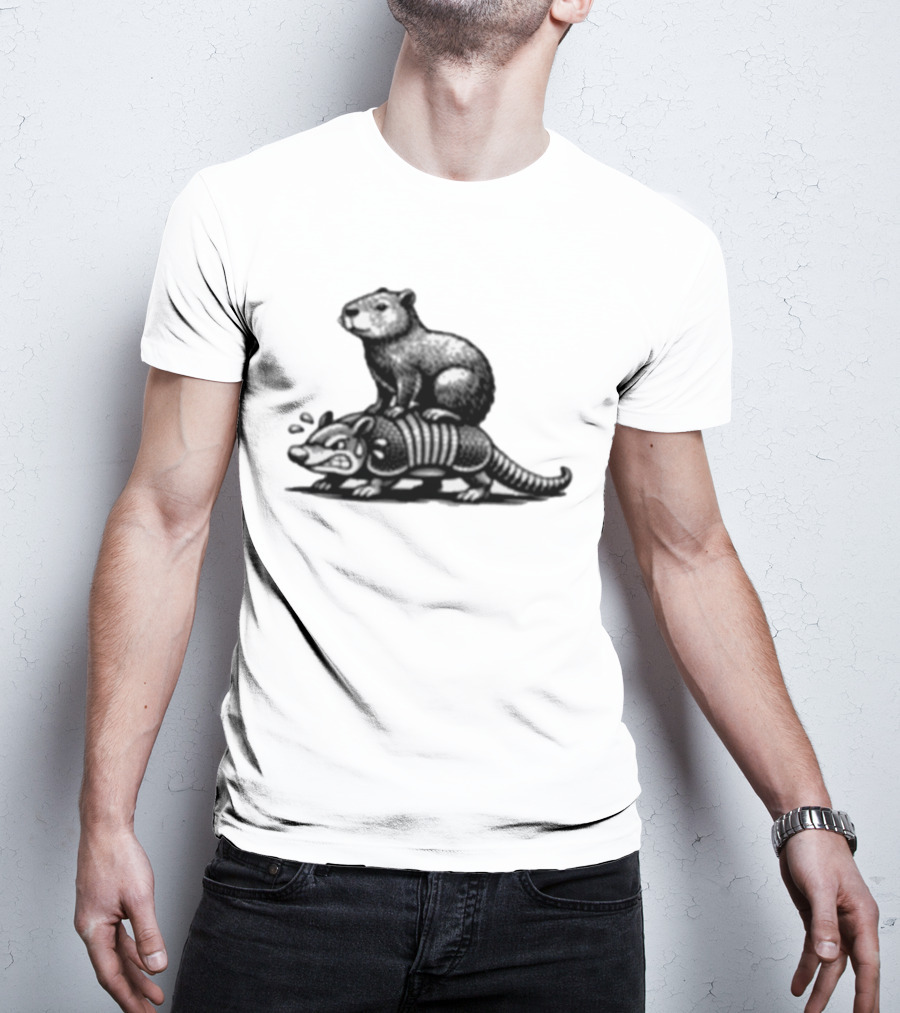 Capybara Riding Armadillo Black And White Illustration Adventure T-Shirt