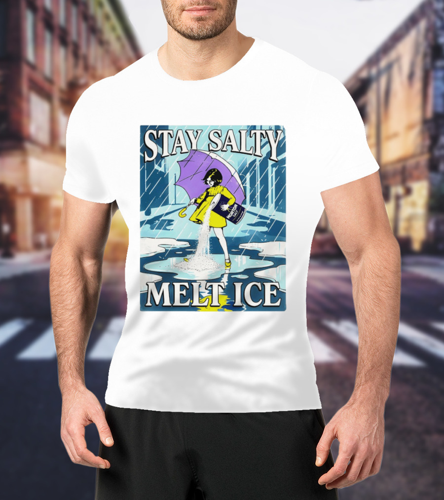 Morton Salt Stay Salty Melt ICE Umbrella Girl Retro Rain Scene T-Shirt