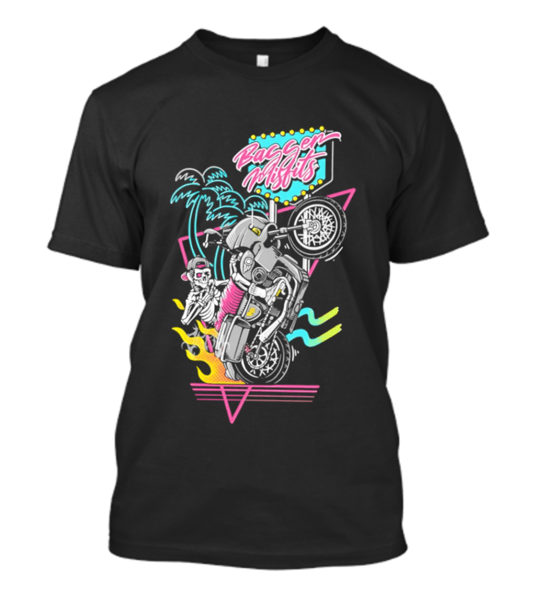 Bagger Misfits Skeleton Motorcycle Wheelie Neon 80s Palm Trees T-Shirt