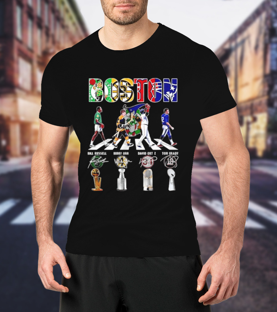 Boston Celtics Bruins Red Sox Patriots Bill Russell Bobby Orr David Ortiz Tom Brady Trophies Legends Signatures T-Shirt