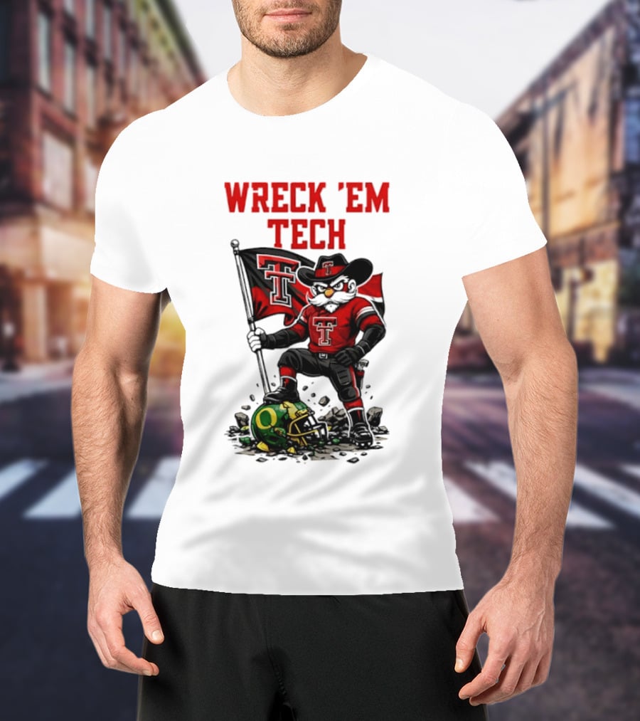 Wreck 'Em Tech Texas Tech Red Raiders Raider Red Flag And Helmet T-Shirt