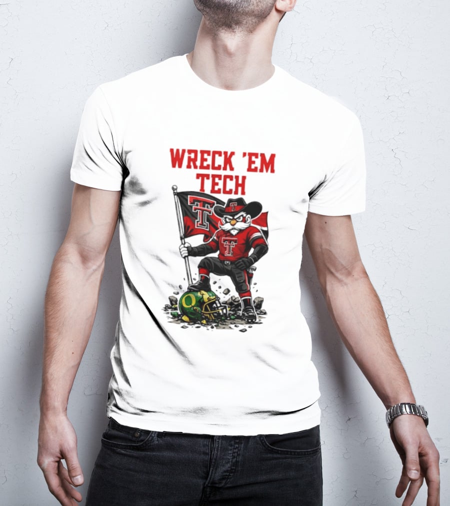 Wreck 'Em Tech Texas Tech Red Raiders Raider Red Flag And Helmet T-Shirt