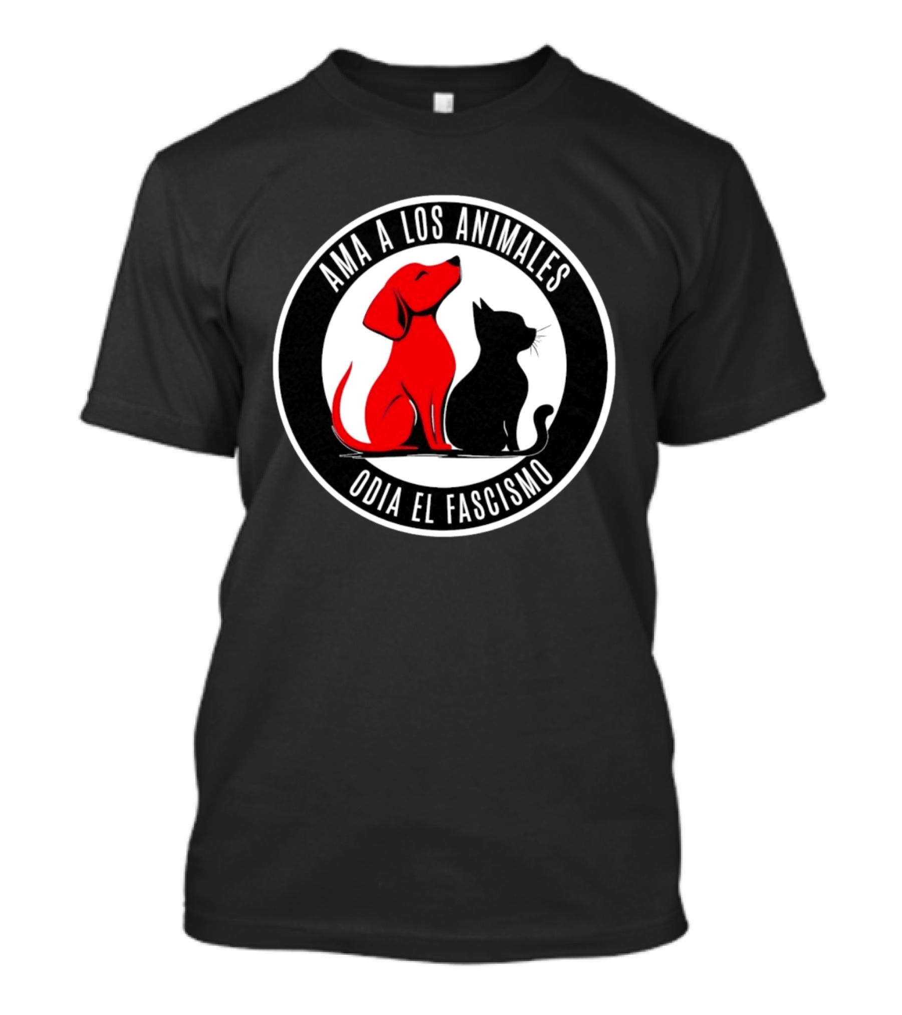 Ama A Los Animales Odia El Fascismo Perro Rojo Gato Negro Círculo Blanco Negro T-Shirt