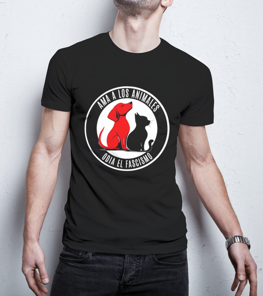 Ama A Los Animales Odia El Fascismo Perro Rojo Gato Negro Círculo Blanco Negro T-Shirt