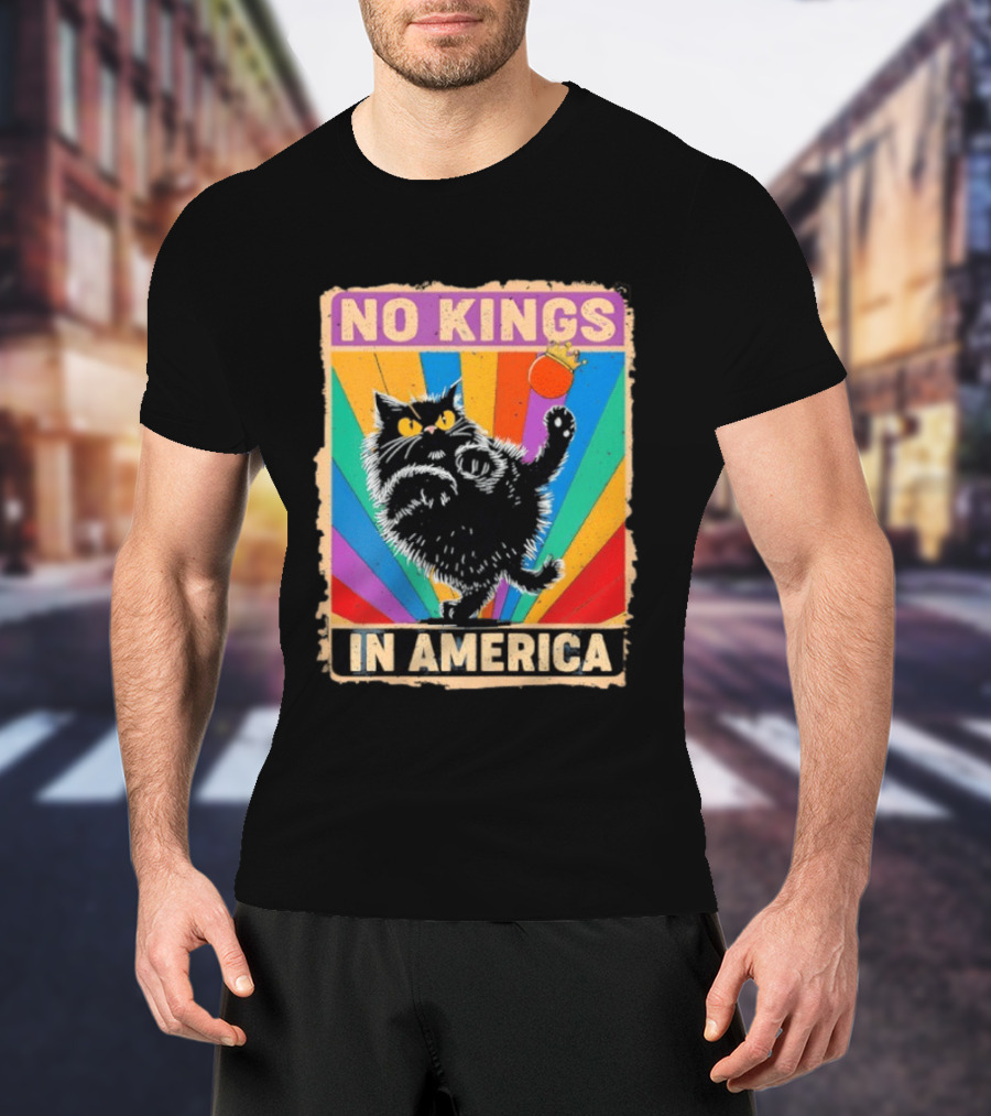 No Kings In America Black Cat Anti Trump Rainbow Kingslayer T-Shirt