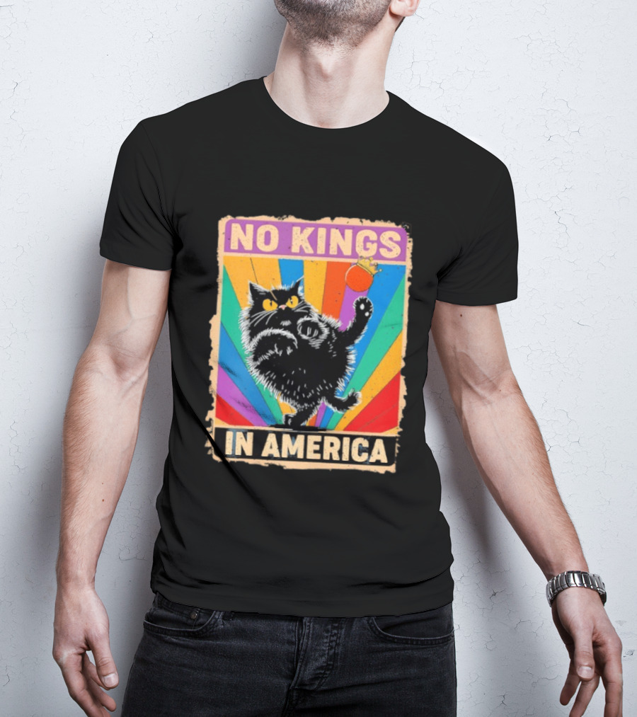 No Kings In America Black Cat Anti Trump Rainbow Kingslayer T-Shirt