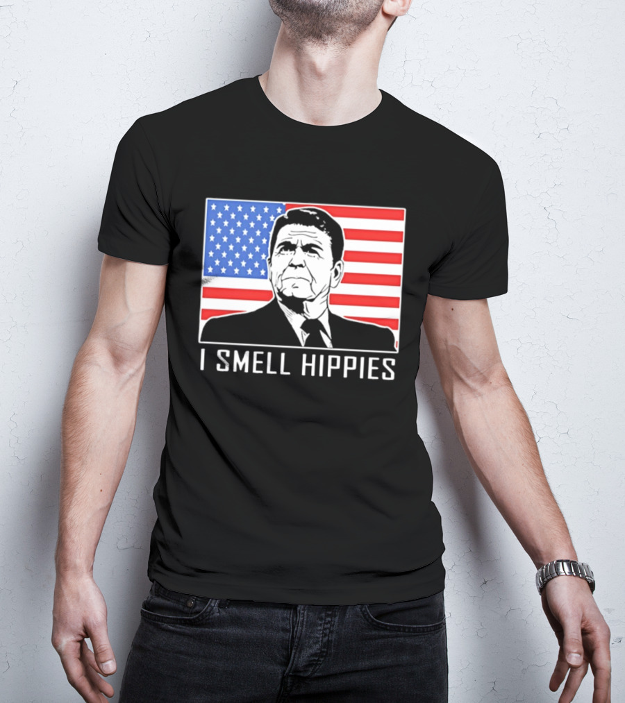 I Smell Hippies Ronald Reagan American Flag Stars And Stripes T-Shirt
