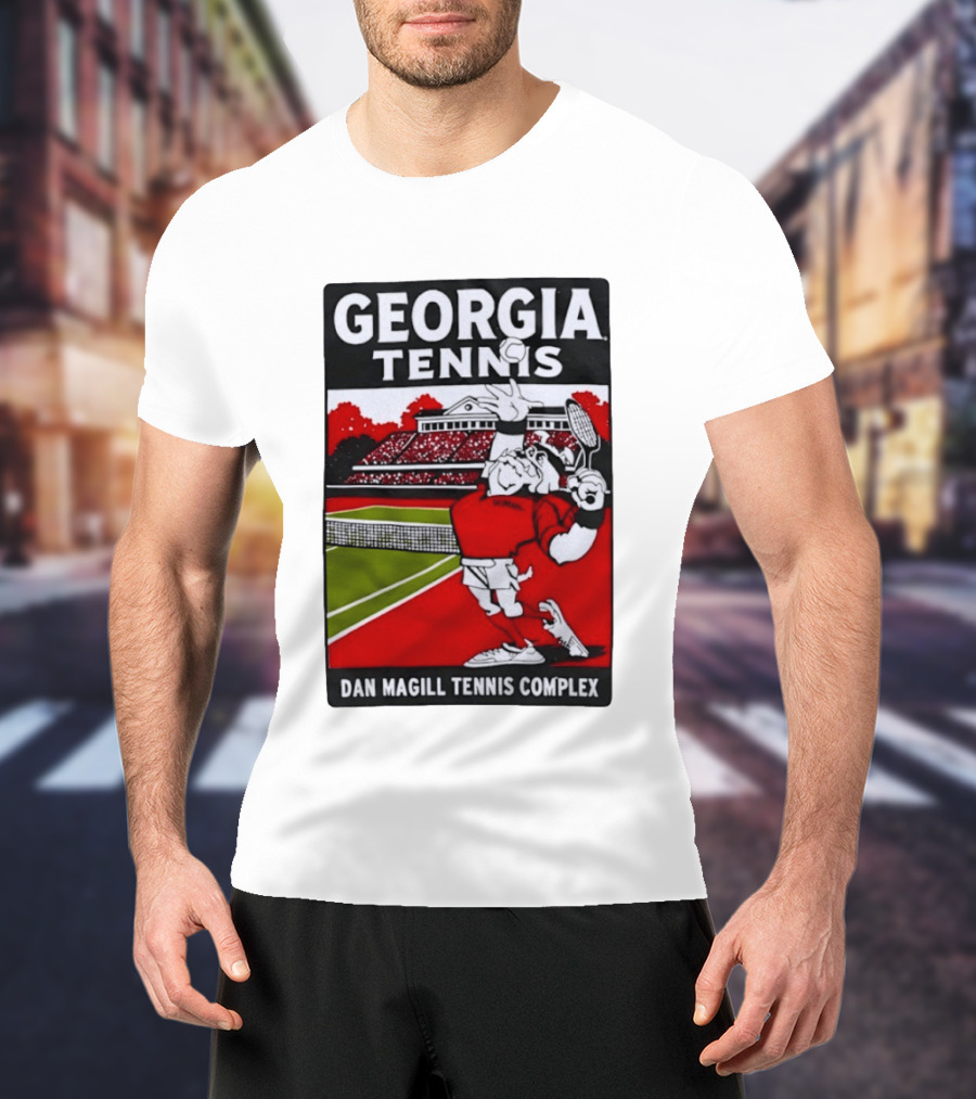 Georgia Tennis Dan Magill Tennis Complex Cartoon Character Court Scene T-Shirt