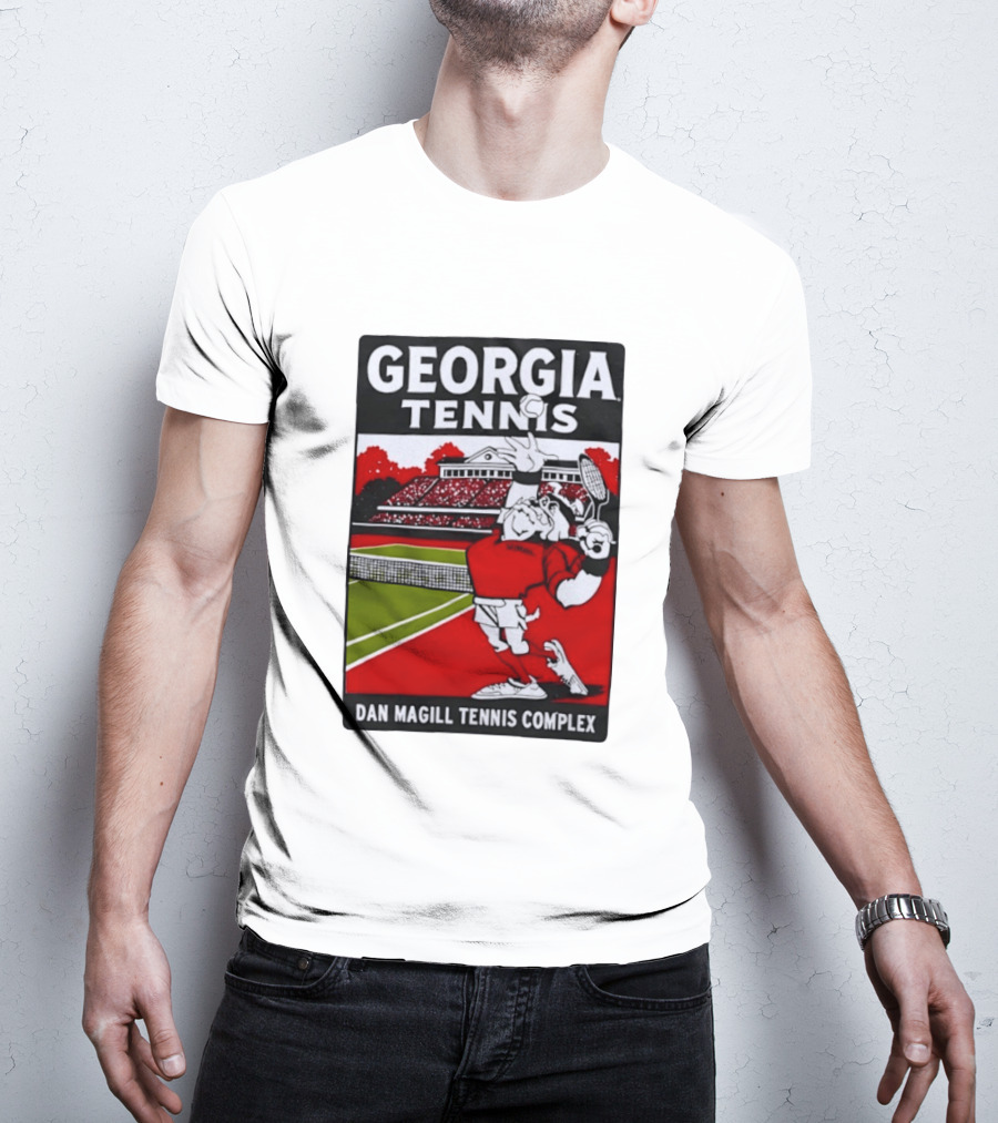 Georgia Tennis Dan Magill Tennis Complex Cartoon Character Court Scene T-Shirt