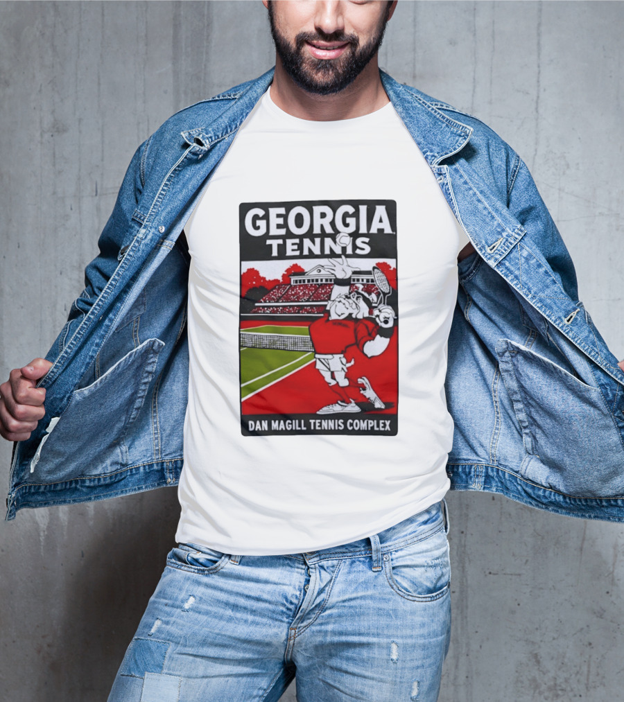 Georgia Tennis Dan Magill Tennis Complex Cartoon Character Court Scene T-Shirt