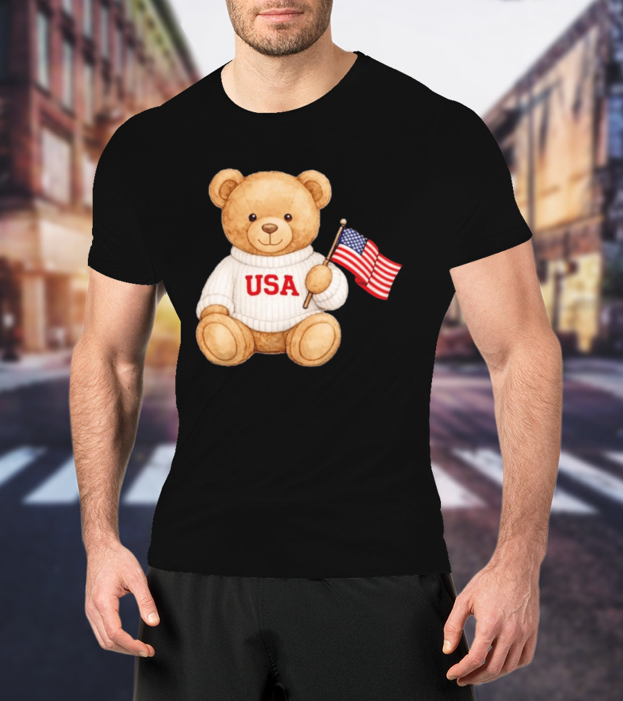 USA Teddy Bear Holding American Flag T-Shirt