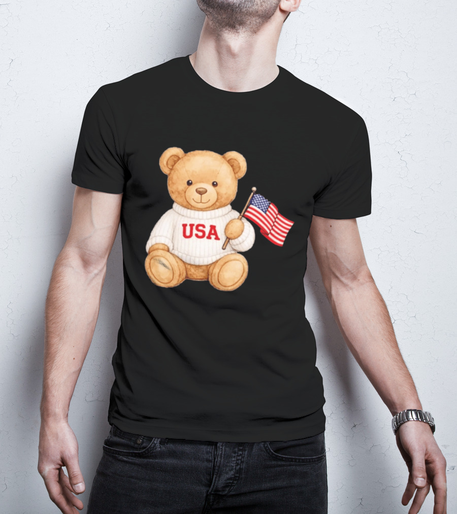 USA Teddy Bear Holding American Flag T-Shirt