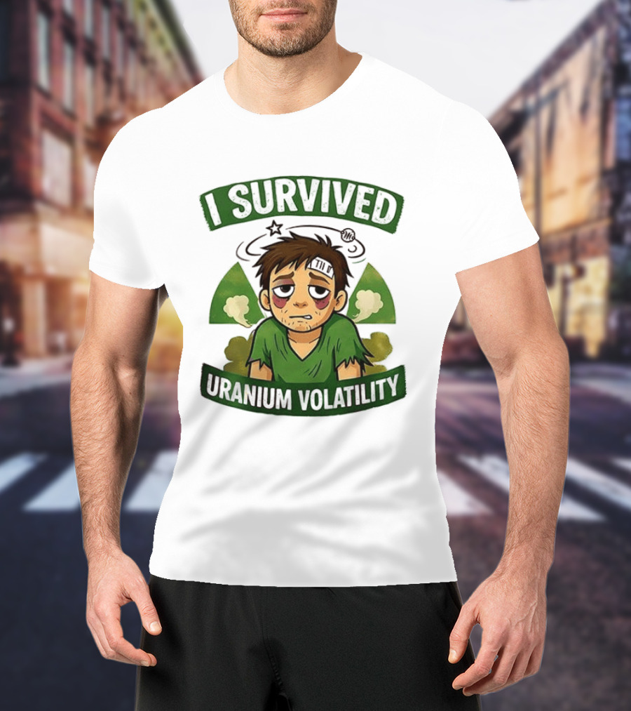 I Survived Uranium Volatility Exhausted Cartoon Character Wearing Torn Green T-Shirt