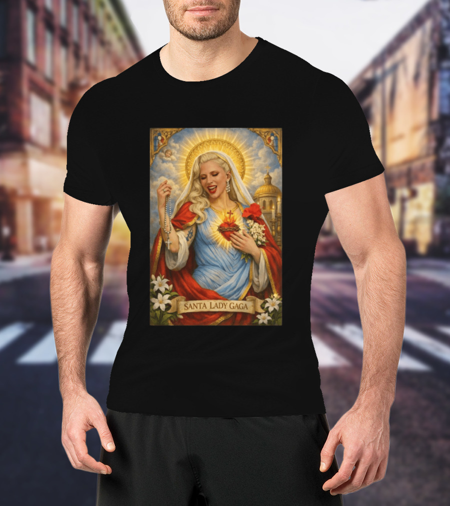 Santa Lady Gaga Sacred Heart Imagery With Rosary And Golden Halo T-Shirt