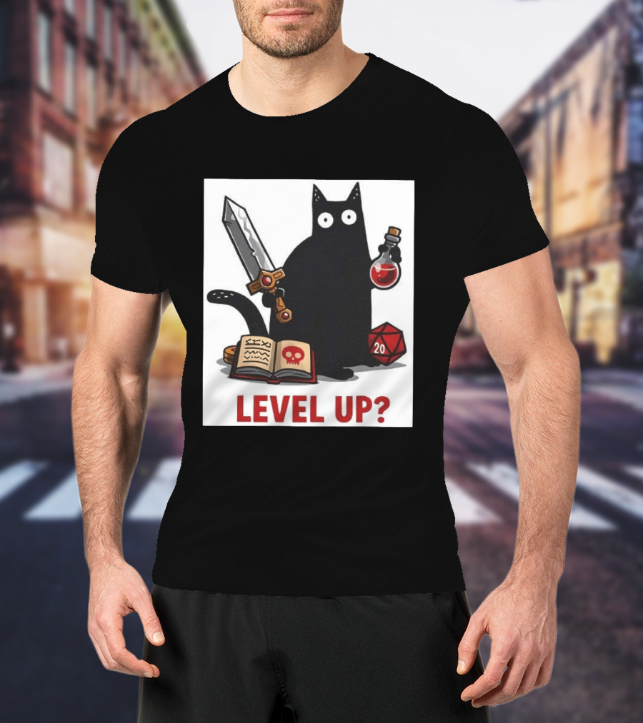 Black Cat Level Up Sword Potion D20 Dice Book Dungeons And Dragons T-Shirt