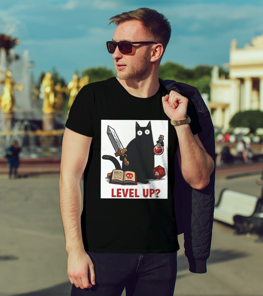 Black Cat Level Up Sword Potion D20 Dice Book Dungeons And Dragons T-Shirt