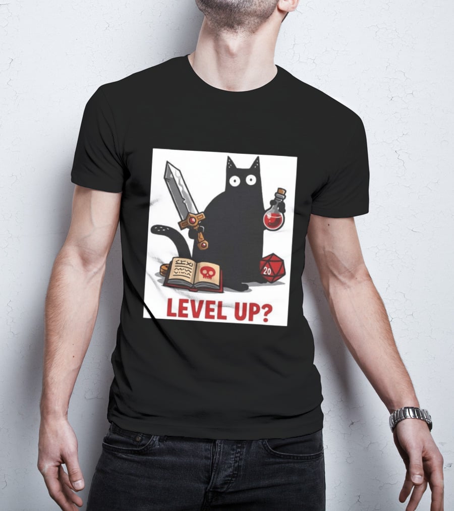 Black Cat Level Up Sword Potion D20 Dice Book Dungeons And Dragons T-Shirt