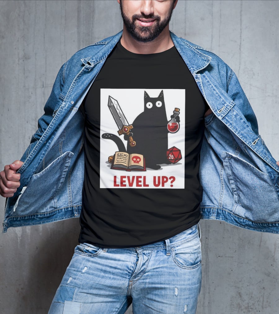Black Cat Level Up Sword Potion D20 Dice Book Dungeons And Dragons T-Shirt