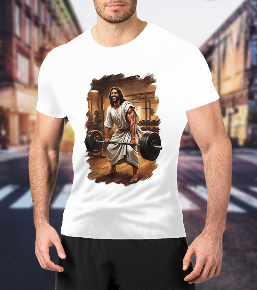 Jesus Lifting Weights In Gym Spiritual Fitness Motivation T-Shirt