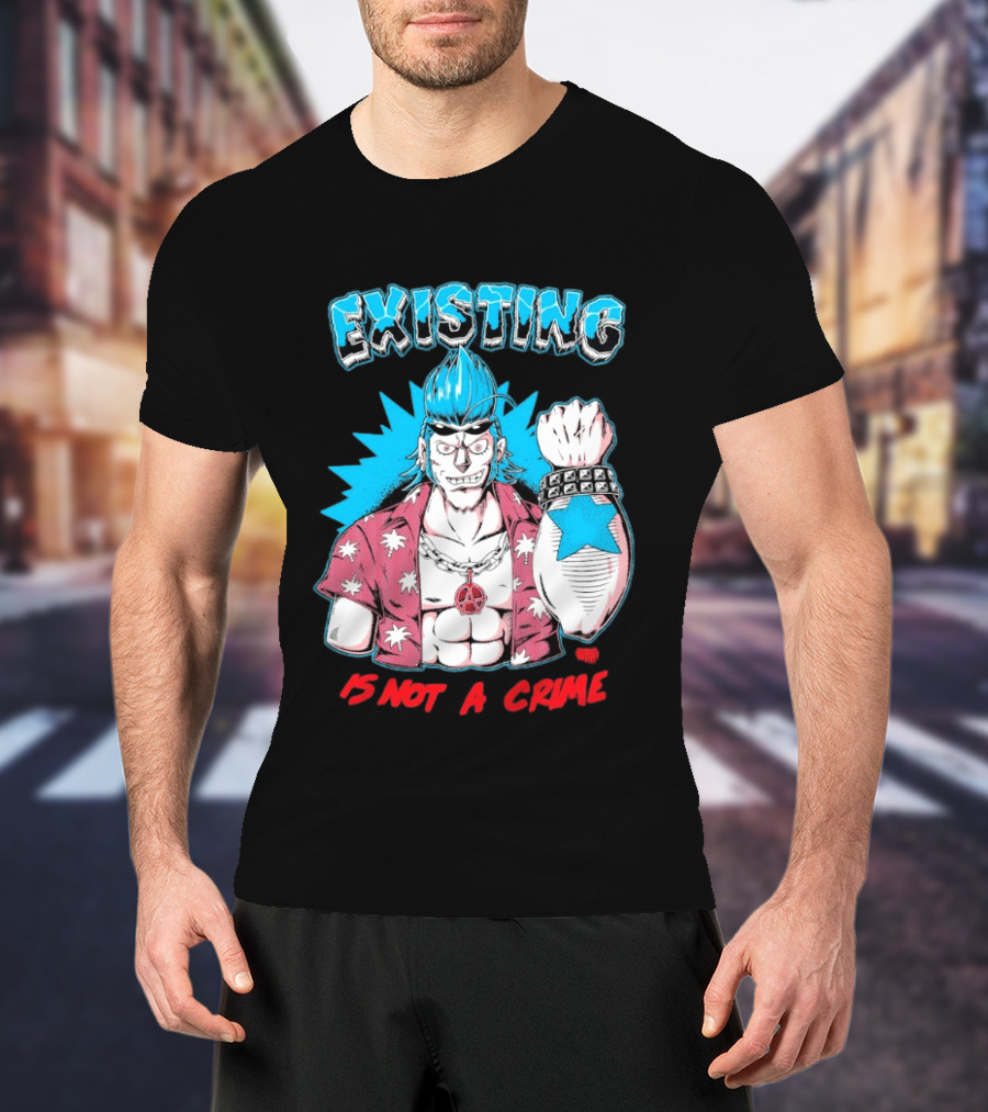 EXISTING IS NOT A CRIME Anime Punk Character Blue Hair Star Tattoo T-Shirt