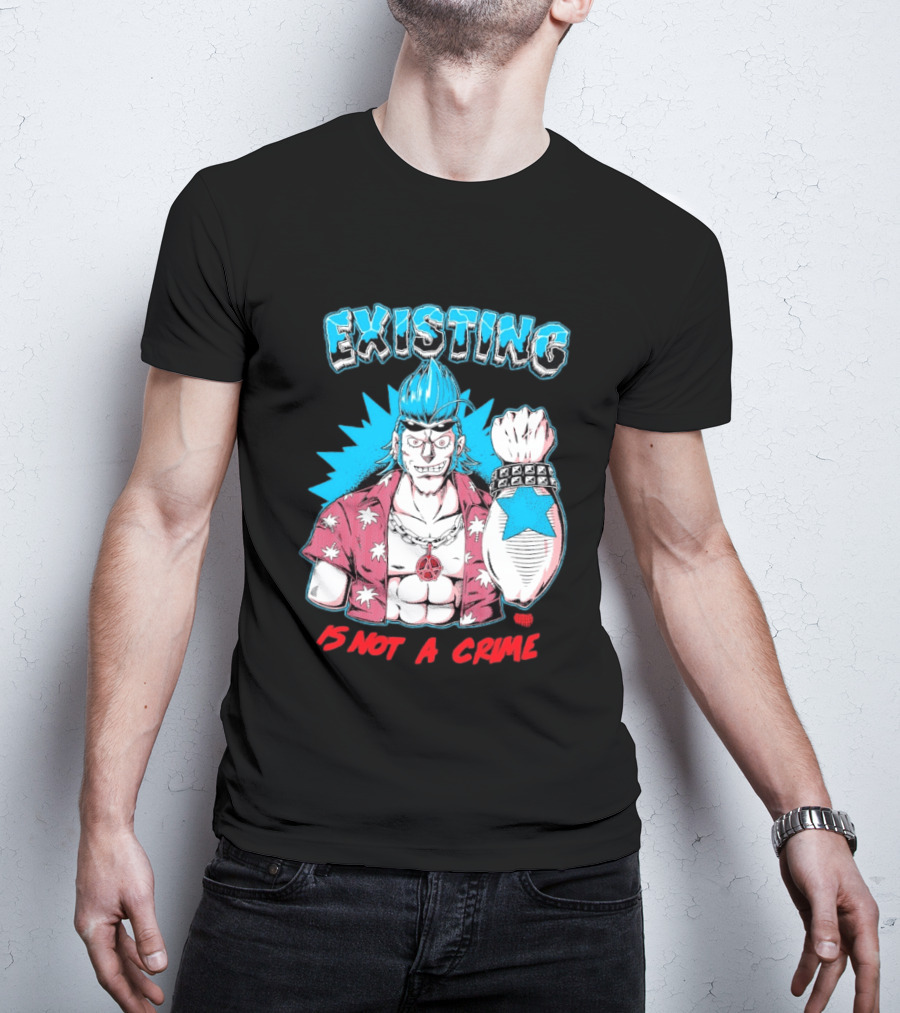 EXISTING IS NOT A CRIME Anime Punk Character Blue Hair Star Tattoo T-Shirt