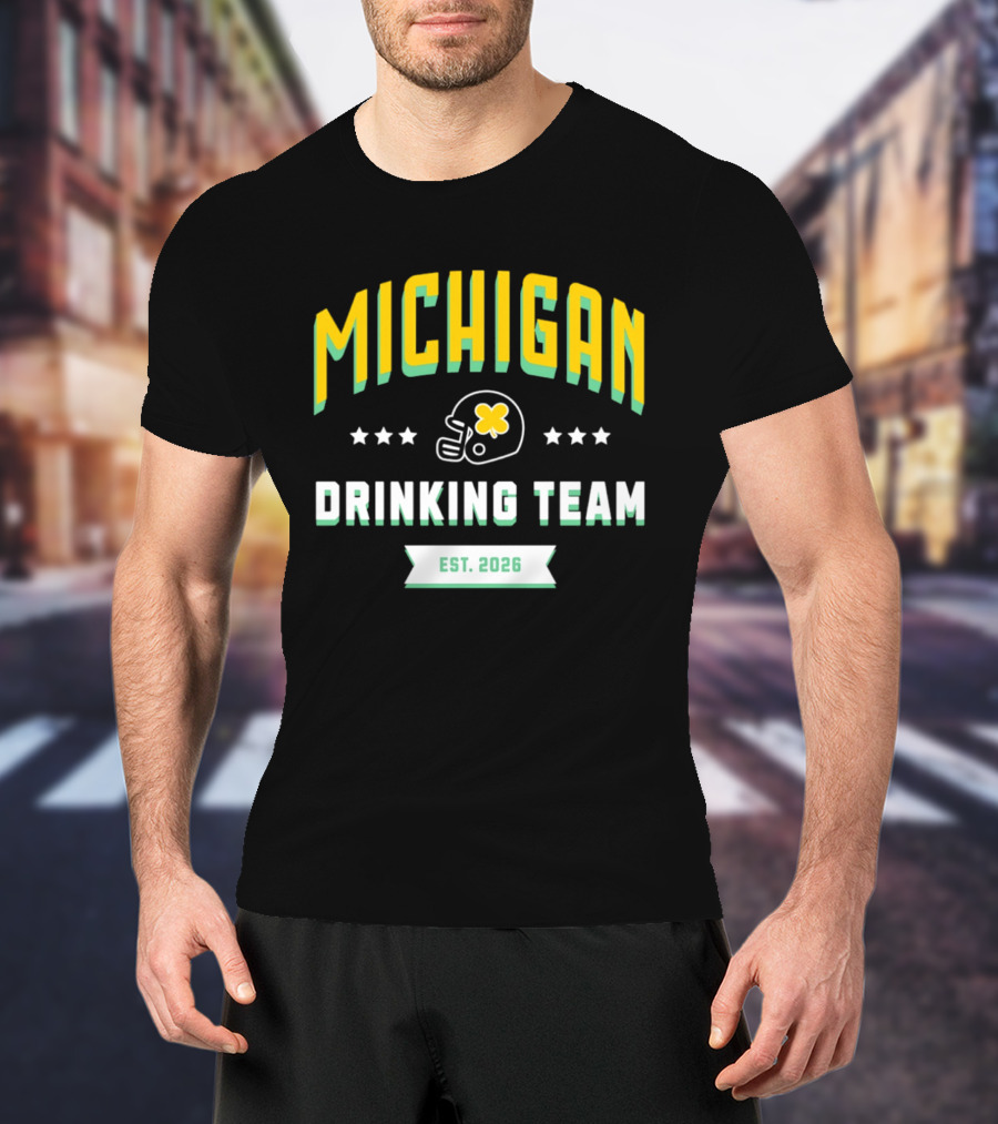 Michigan Wolverines Drinking Team St Patrick's Day Est 2026 Football Helmet Four Leaf Clover T-Shirt