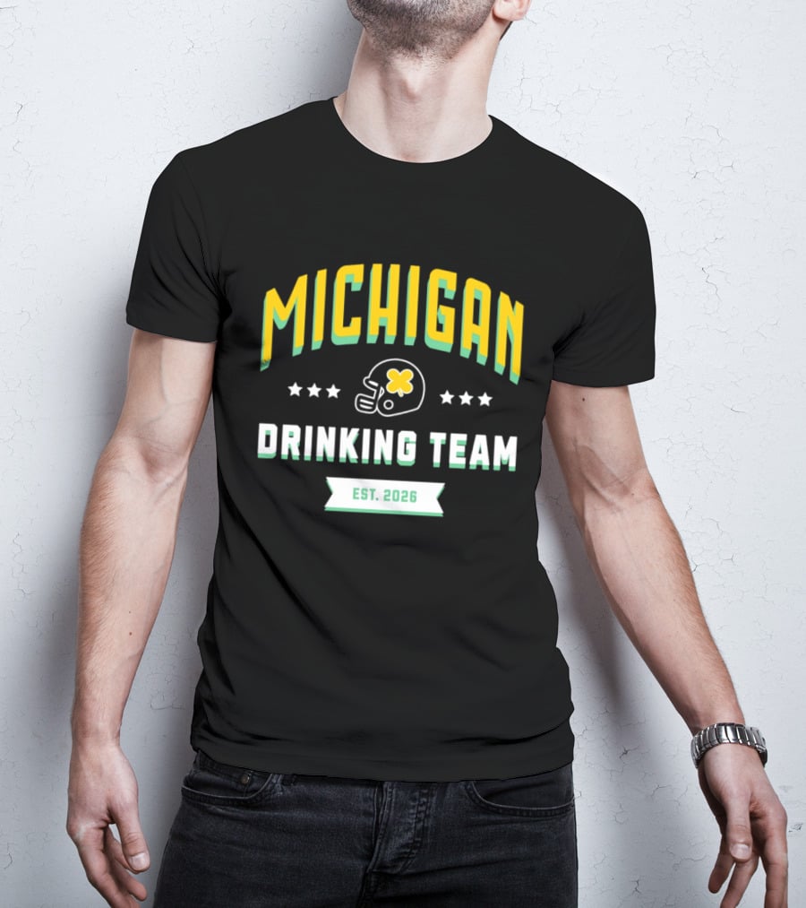 Michigan Wolverines Drinking Team St Patrick's Day Est 2026 Football Helmet Four Leaf Clover T-Shirt