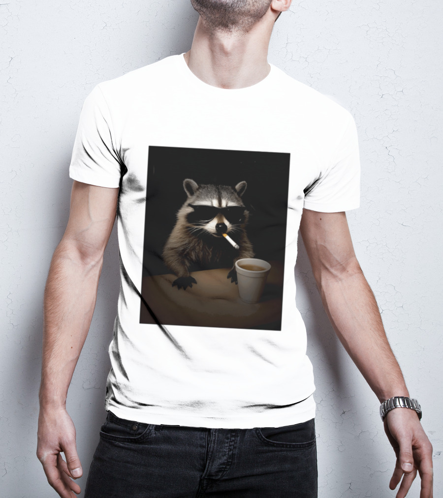 Raccoon Drinking Coffee Smoking Cigarette Wearing Sunglasses T-Shirt