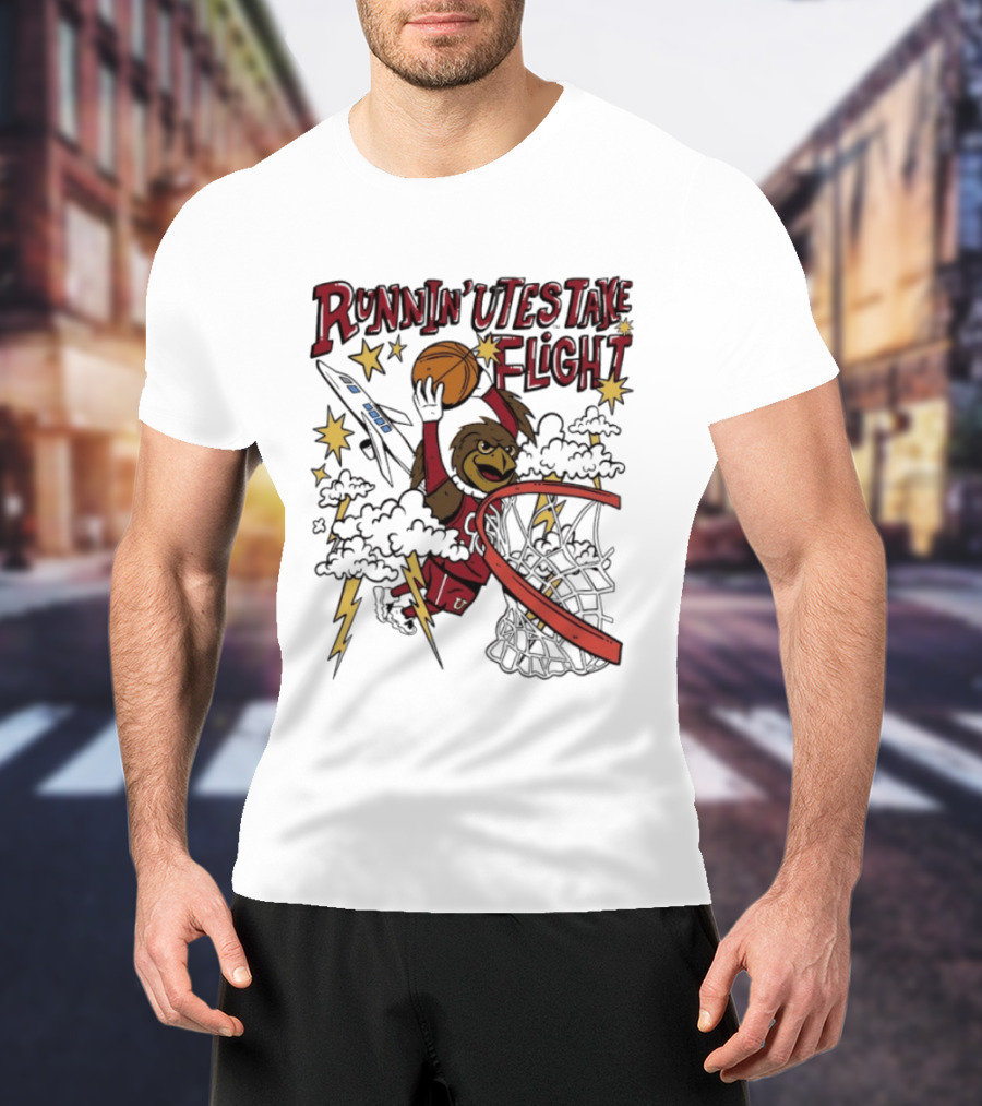 Runnin' Utes Take Flight Basketball Mascot Dunking With Clouds Lightning And Jet T-Shirt
