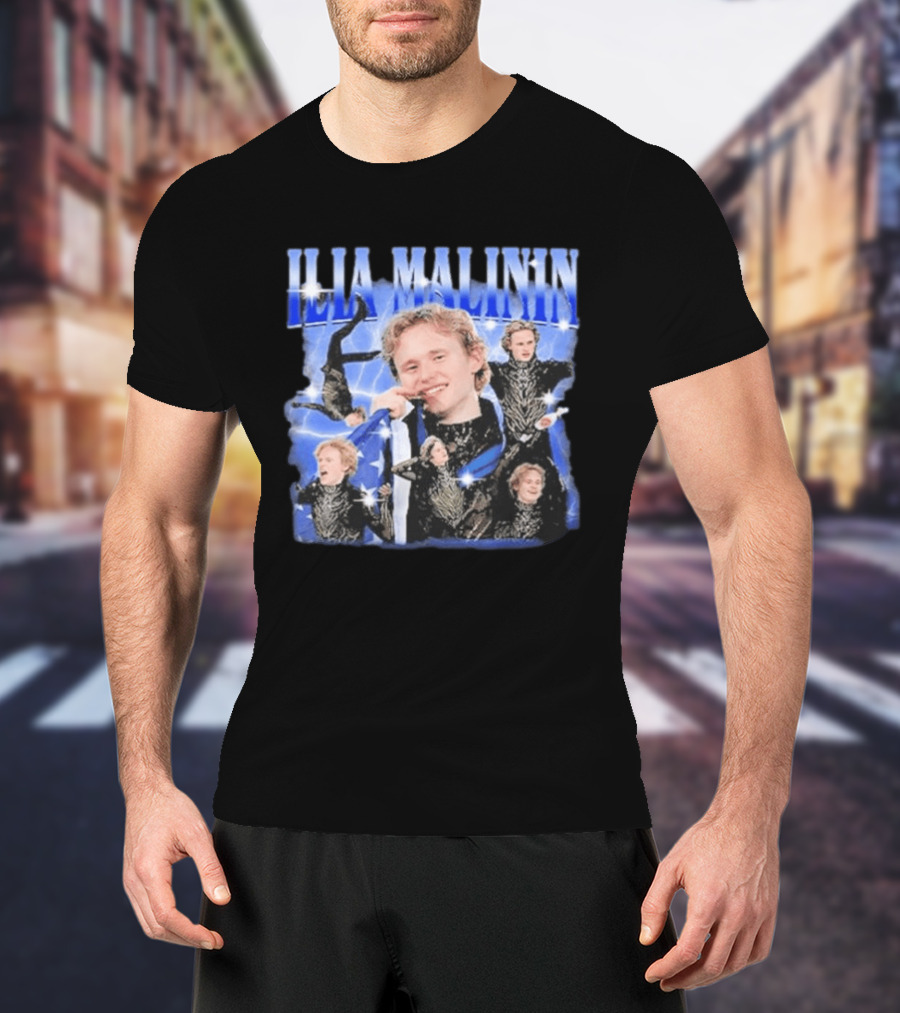 Ilia Malinin Figure Skating Star Blue Sparkle Montage T-Shirt