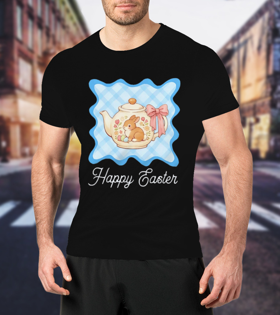 Happy Easter Bunny Teapot With Floral Blue Gingham And Pink Bow T-Shirt