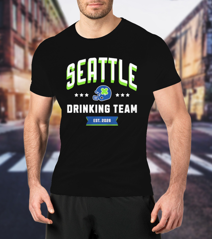 Seattle Drinking Team Est. 2026 St. Patrick's Day Football Helmet Clover Stars T-Shirt