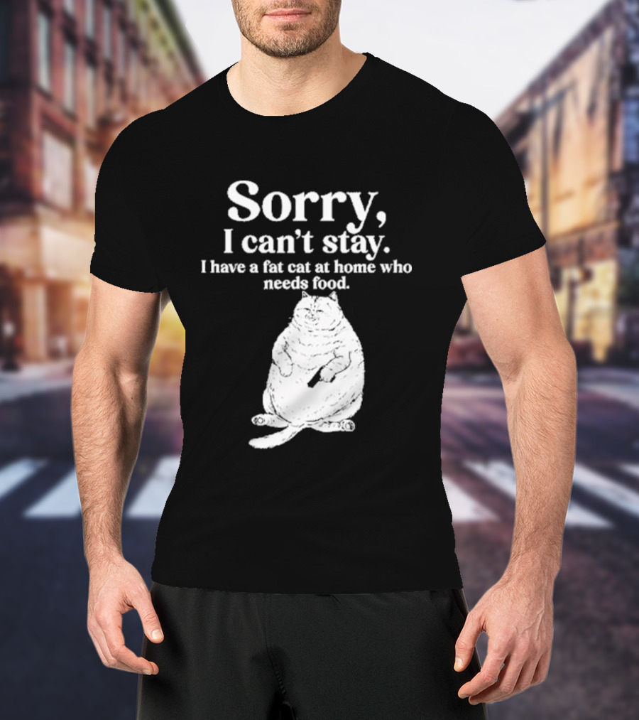 Sorry I Can't Stay I Have A Fat Cat At Home Who Needs Food Cat Lover Humor T-Shirt