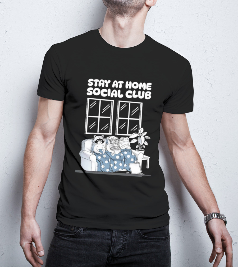 Stay At Home Social Club Raccoon Pug Frog Sofa Window Plant Scene T-Shirt