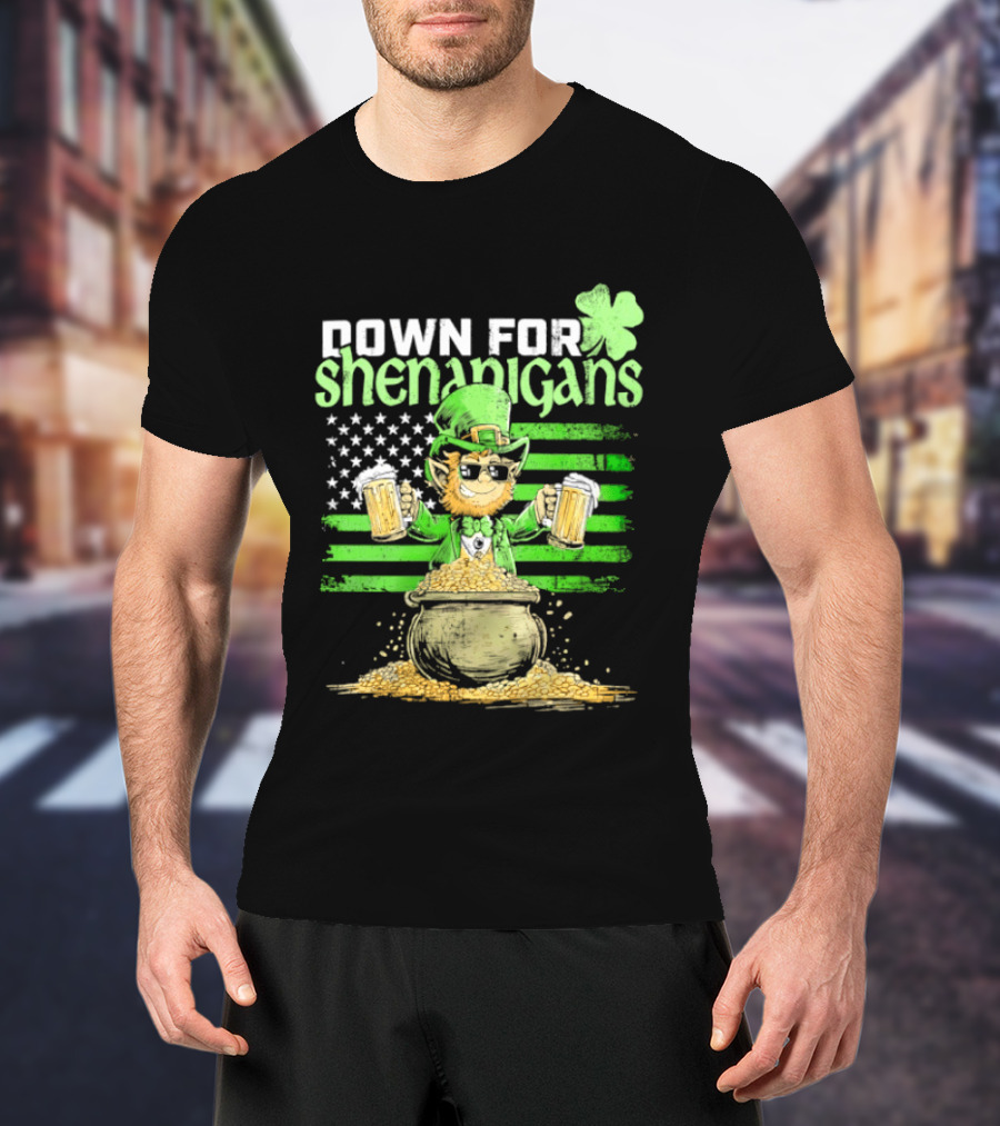 Down For Shenanigans Leprechaun With Beers And Clover American Flag T-Shirt