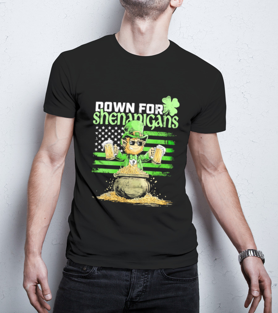 Down For Shenanigans Leprechaun With Beers And Clover American Flag T-Shirt